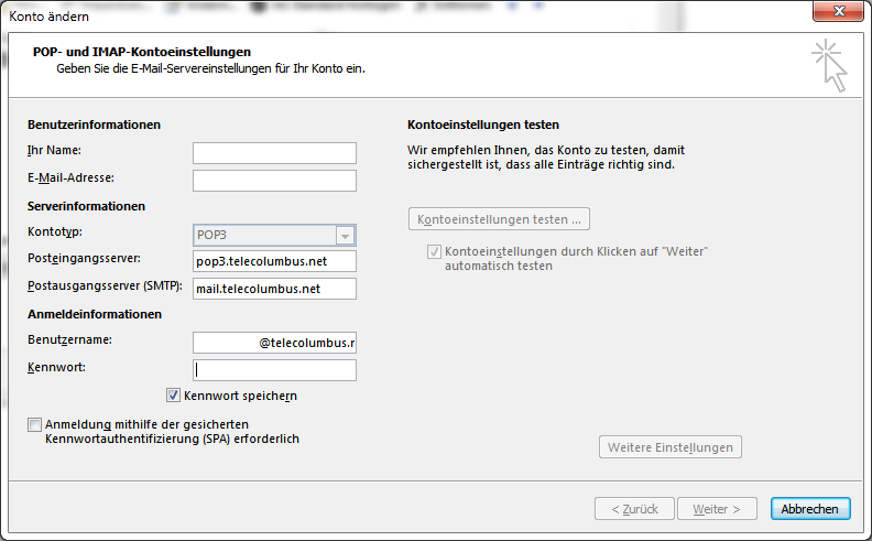 Serveradressen und Anmeldedaten